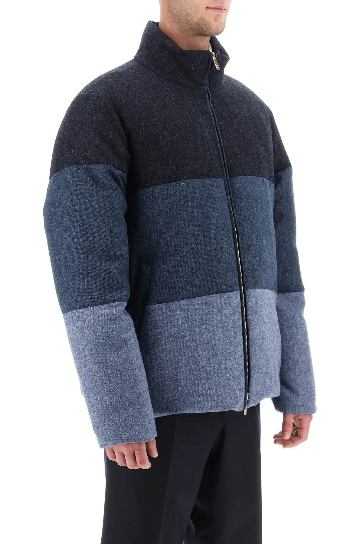 Thom browne reversible puffer jacket in donegal tweed with 4-bar motif