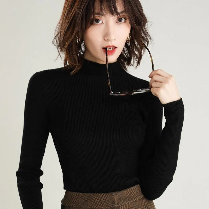 Toleet sweater outfits Autumn and Winter Half Turtleneck Striped Sweater Women's Solid Color Long Sleeve Bottoming Shirt Korean Style Slim Slimming Pullover Sweater