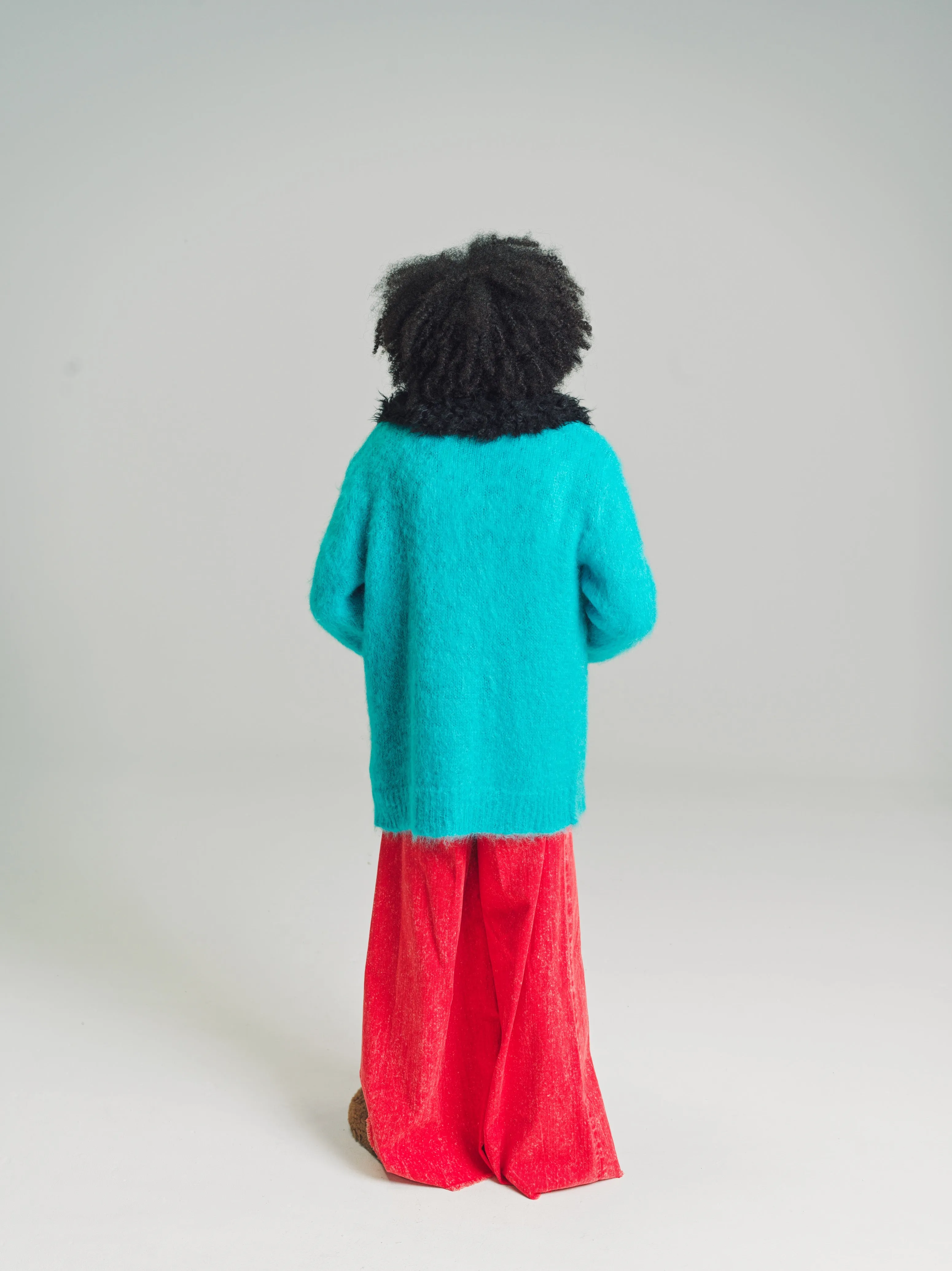 Turquoise Mohair Cardigan with Detachable Faux Fur Collar