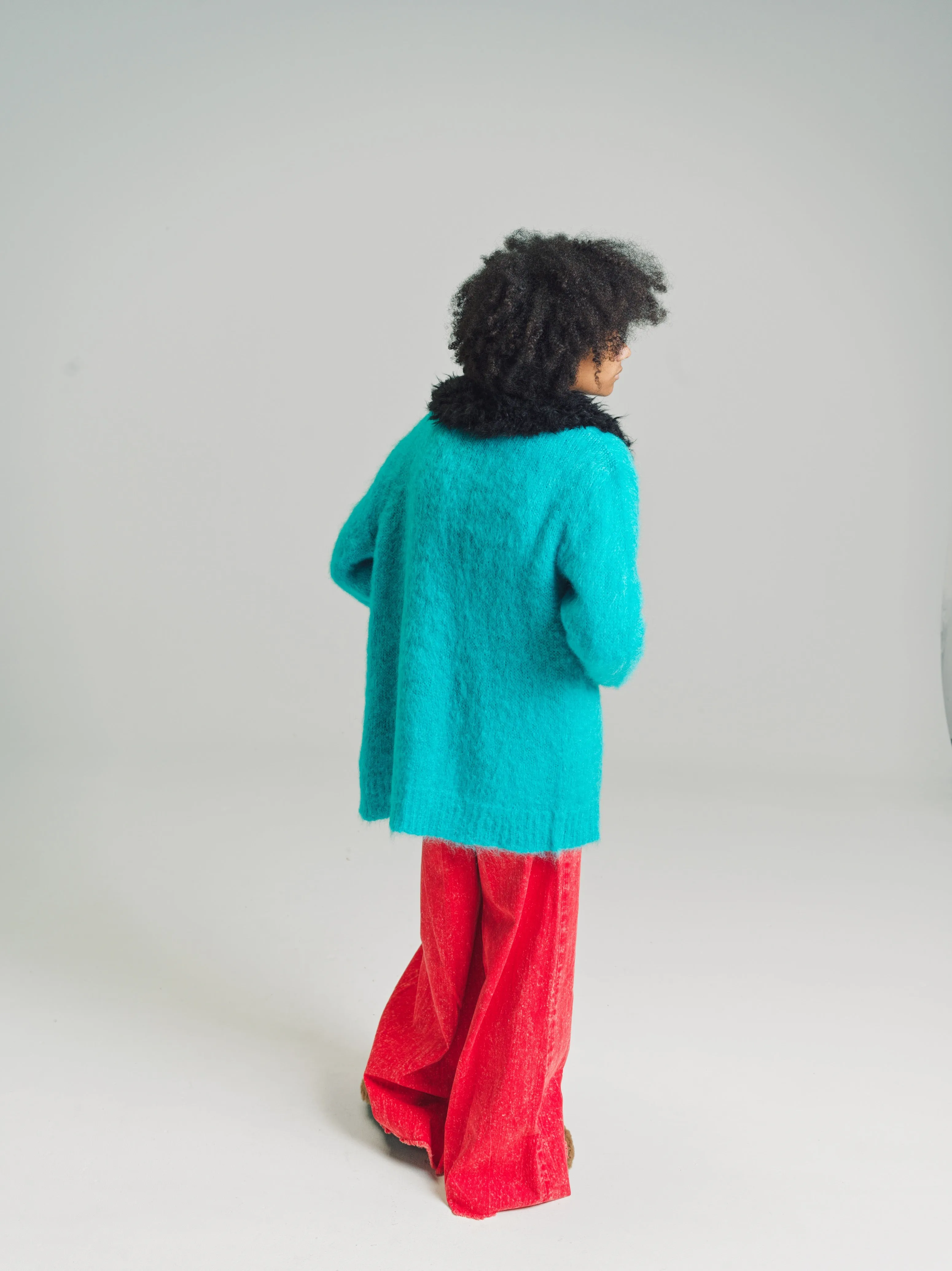 Turquoise Mohair Cardigan with Detachable Faux Fur Collar