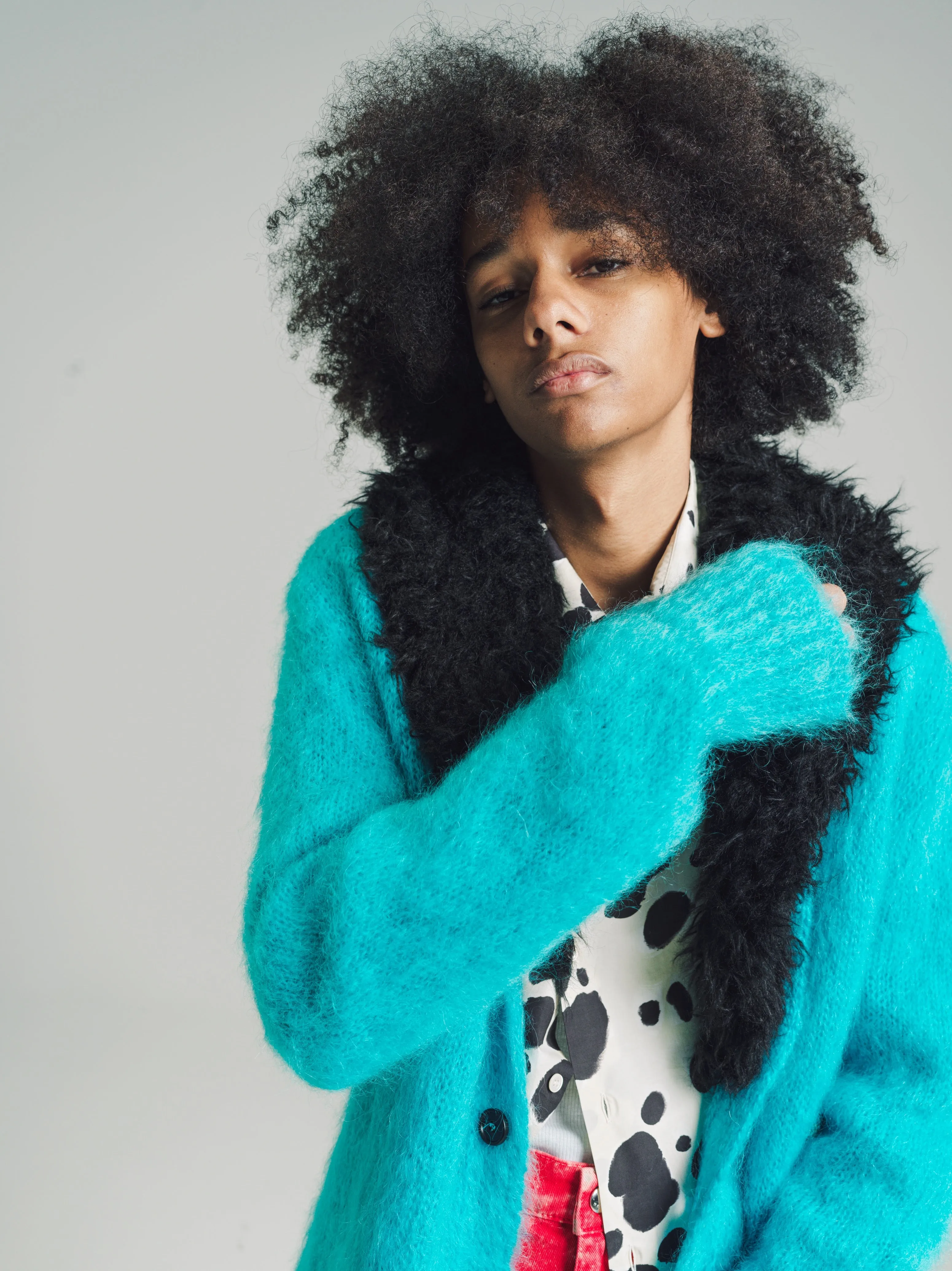 Turquoise Mohair Cardigan with Detachable Faux Fur Collar