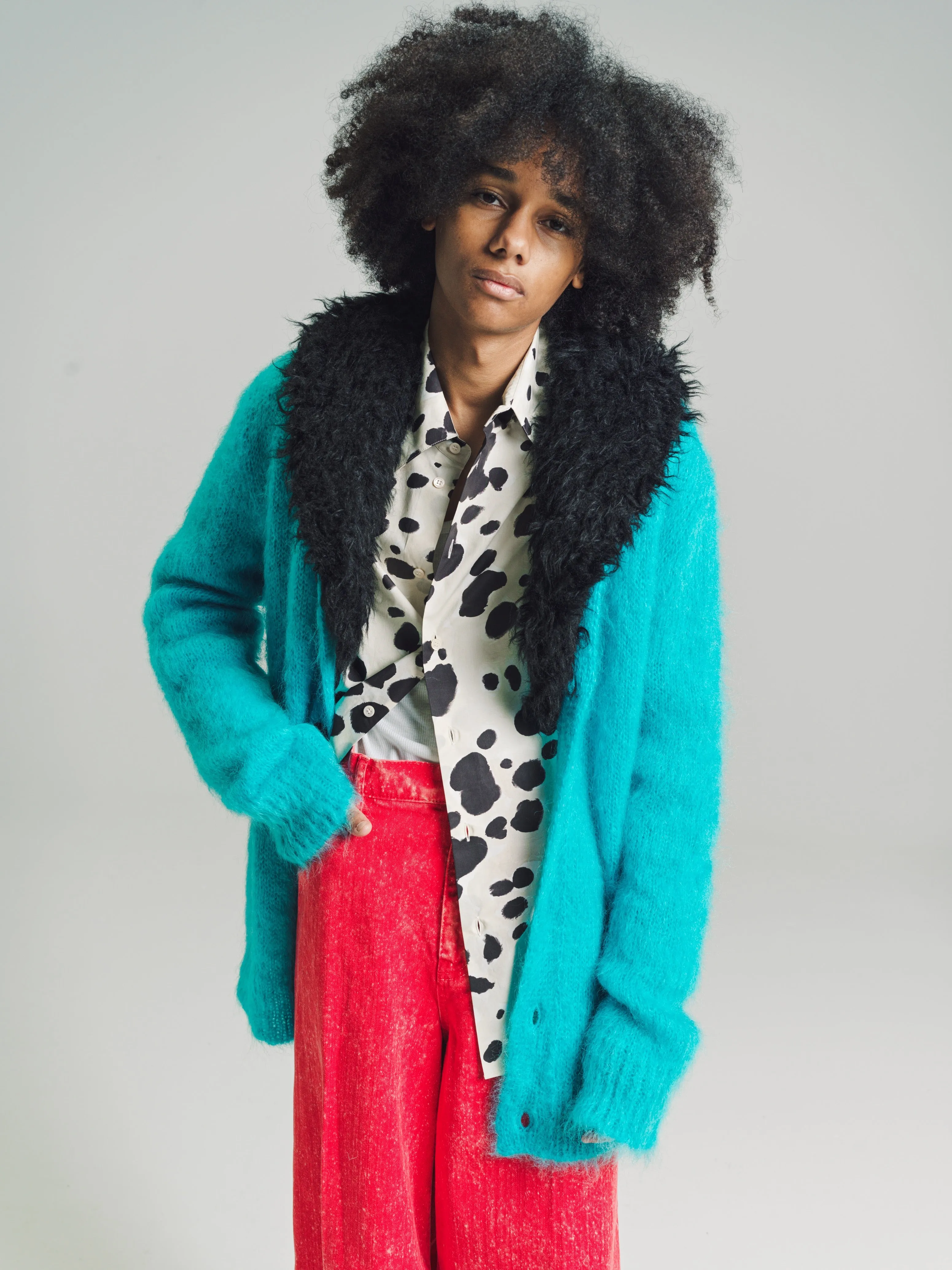 Turquoise Mohair Cardigan with Detachable Faux Fur Collar