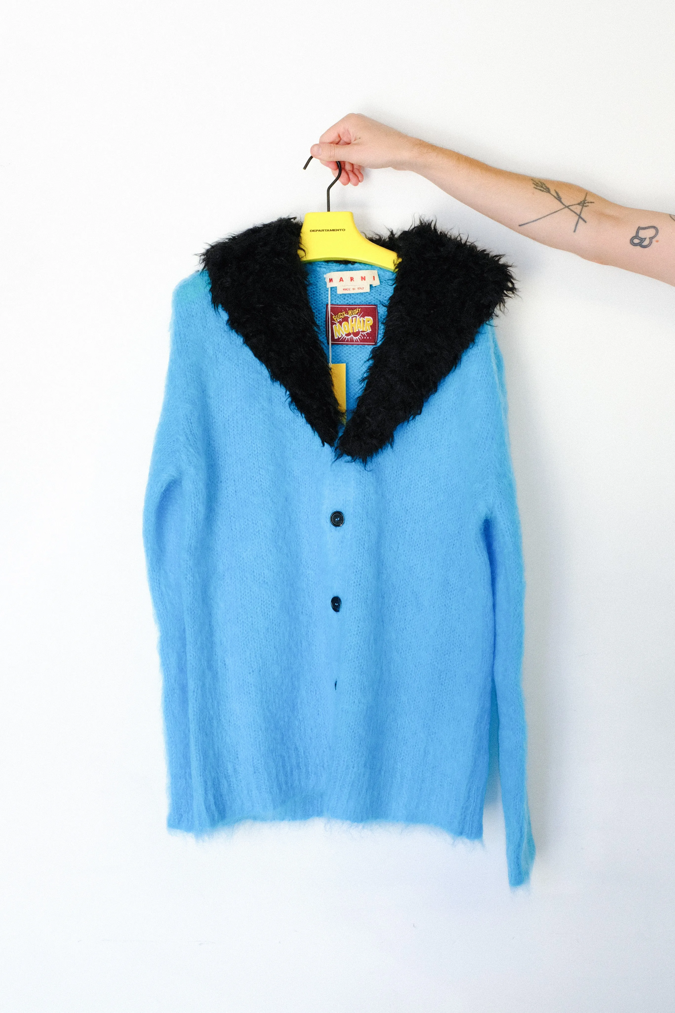 Turquoise Mohair Cardigan with Detachable Faux Fur Collar