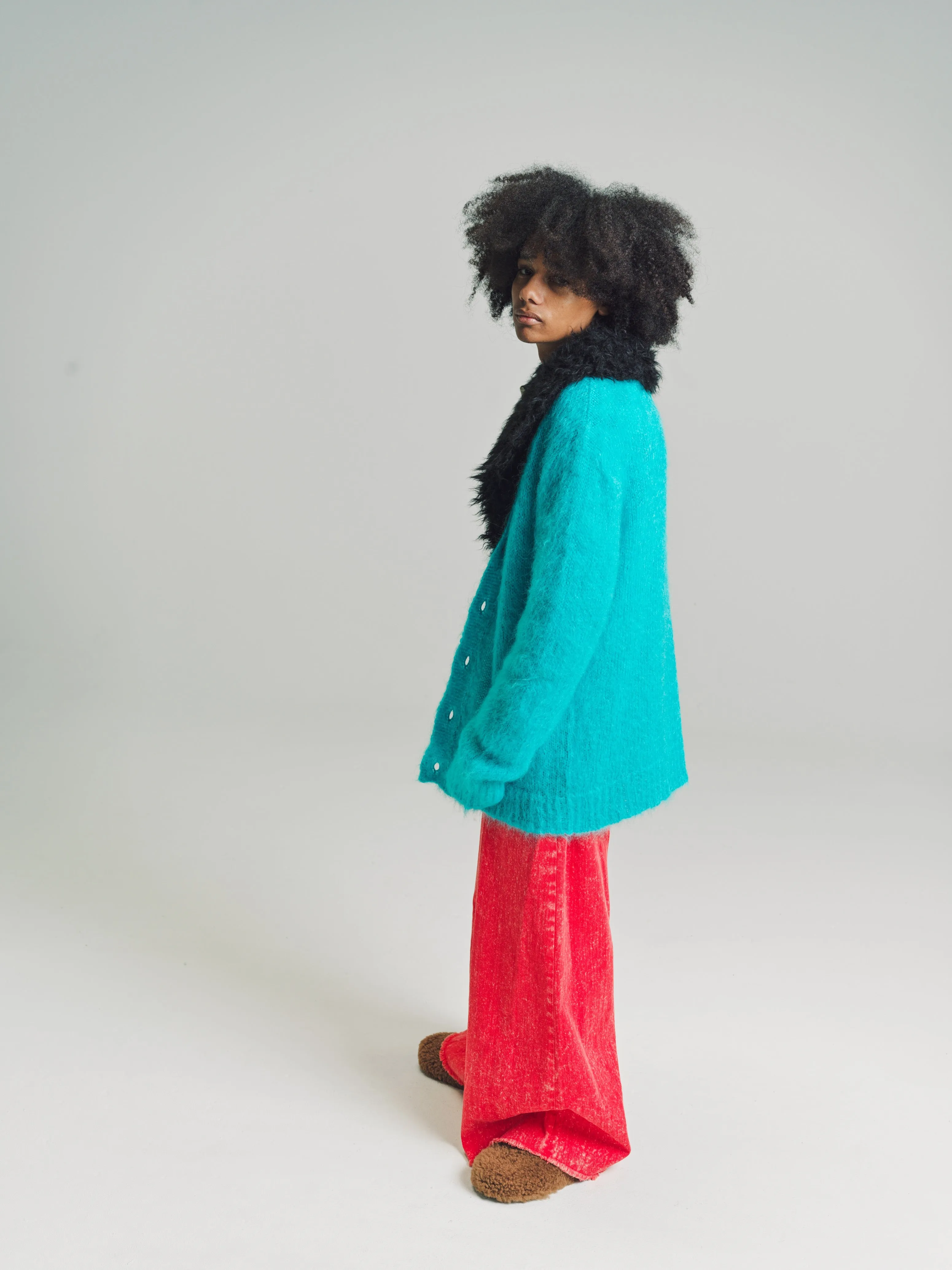 Turquoise Mohair Cardigan with Detachable Faux Fur Collar