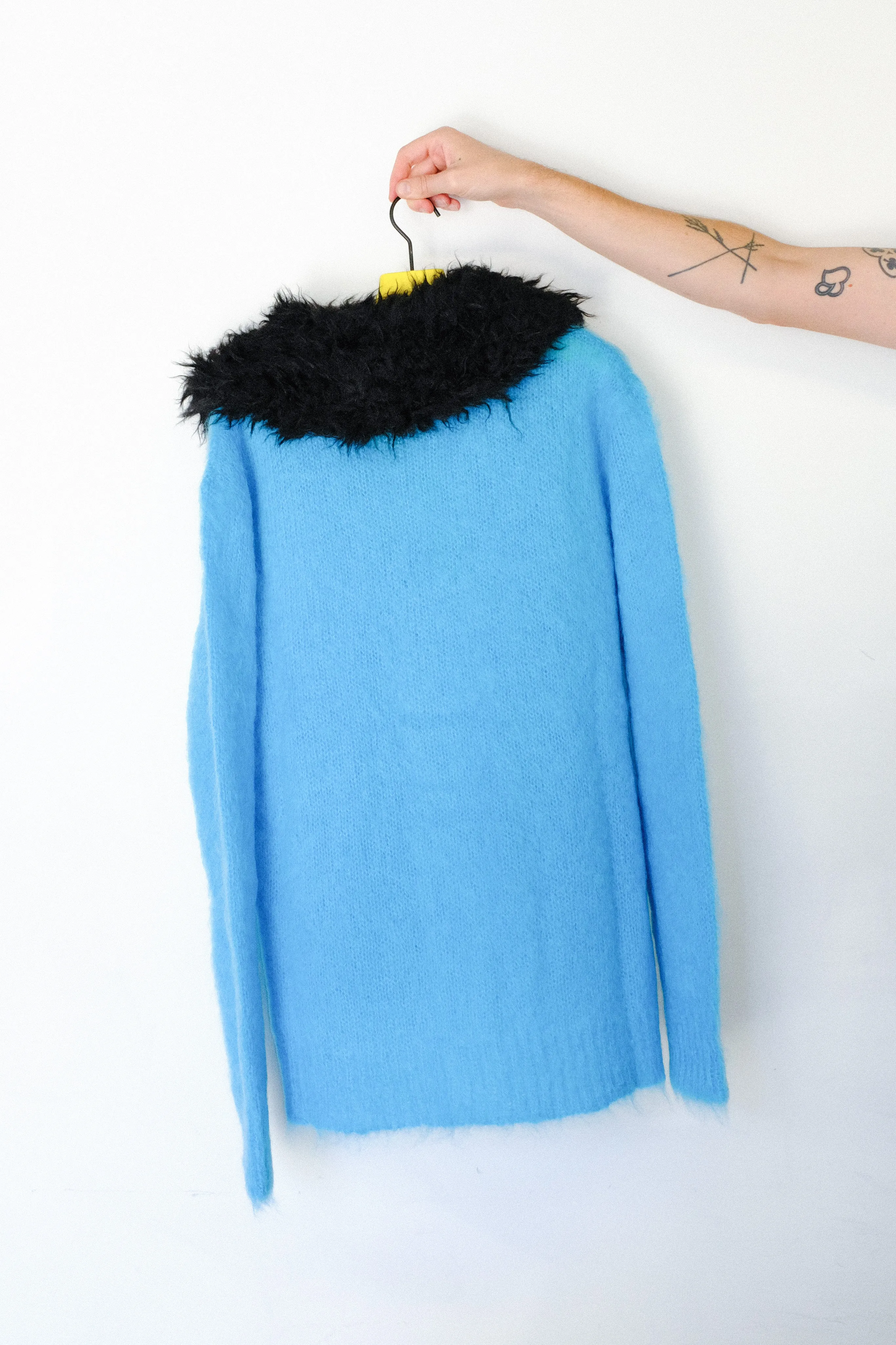 Turquoise Mohair Cardigan with Detachable Faux Fur Collar