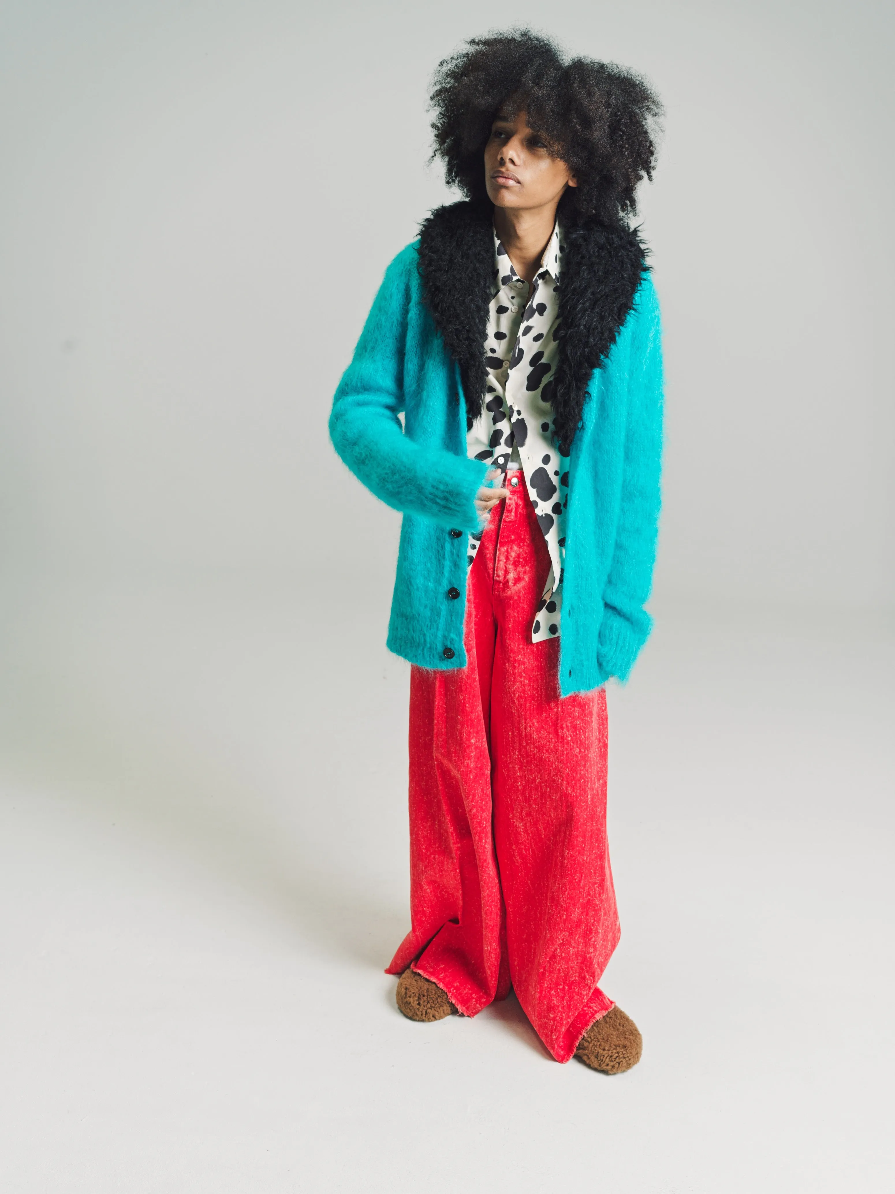 Turquoise Mohair Cardigan with Detachable Faux Fur Collar