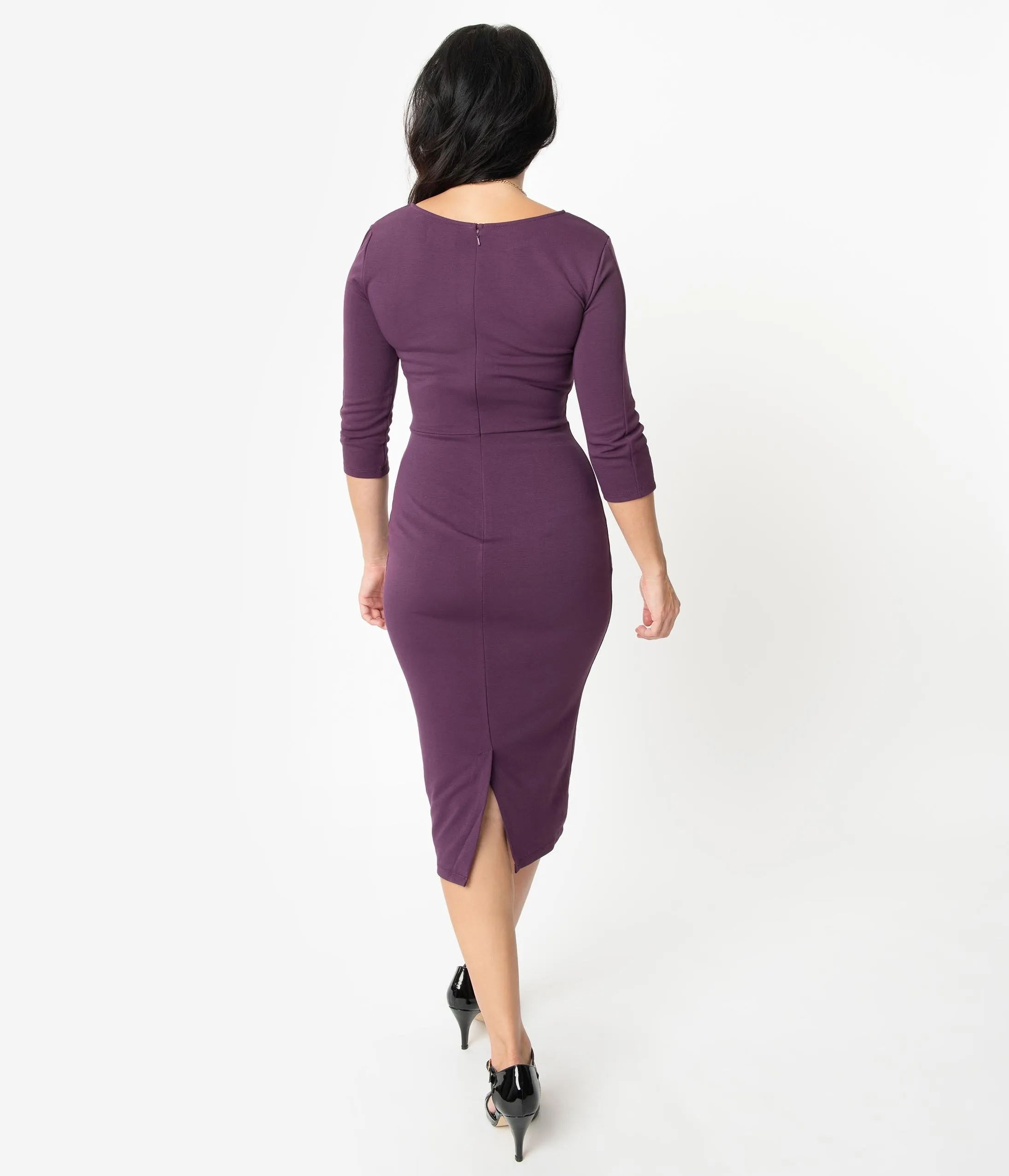 Unique Vintage 1960s Purple Long Sleeve Stretch Mod Wiggle Dress