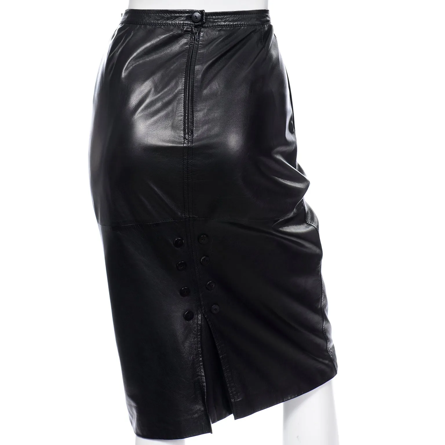 Valentino Black Leather Vintage Skirt w/ Button Detail