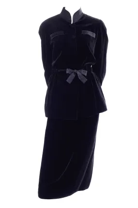 Valentino Boutique Vintage Black Velvet Skirt Suit w/ Satin Trim Size 6