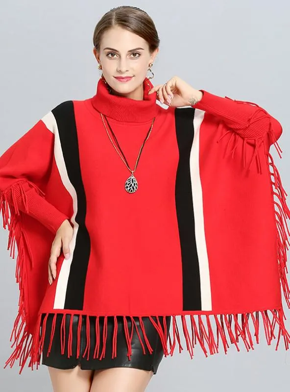 VERTICAL STRIPES LOOSE FRINGED TURTLENECK SWEATER COAK