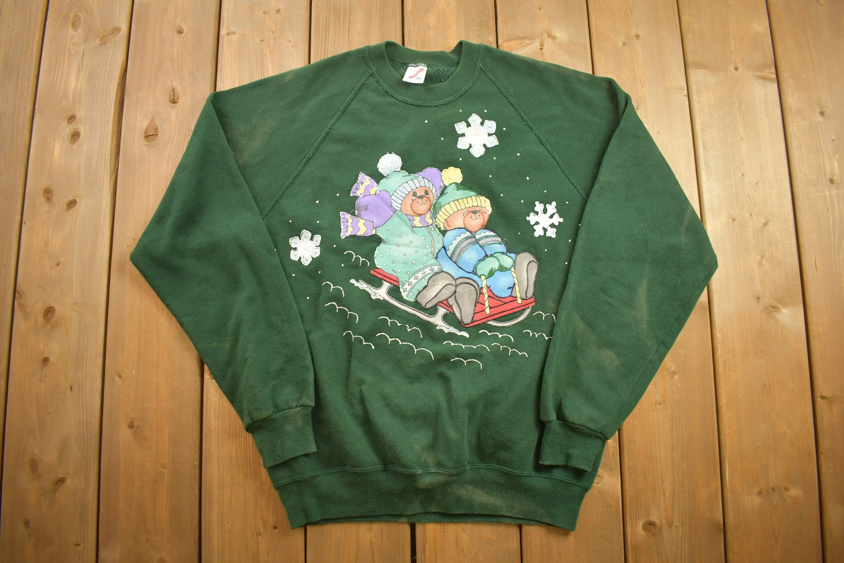 Vintage 1990s Cute Sledding Teddy Bears Crewneck Sweatshirt