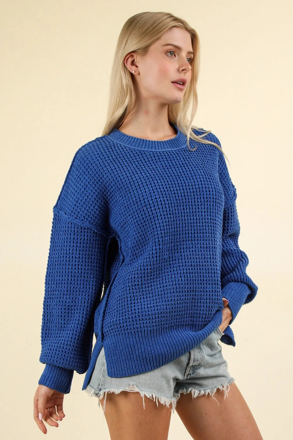 Waffle-Knit Exposed Seam Round Neck Sweater