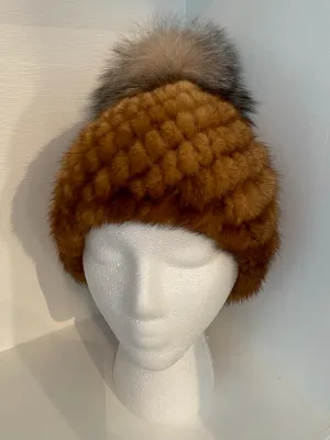 Whisky Mink Knit Hat with Pompom