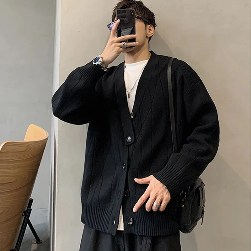 Wiaofellas  -  Autumn Men's Luxury Knitted Solid Color Buttons Cardigan Sweater Long Sleeve Casual Streetwear Loose Stylish Leisure Coat