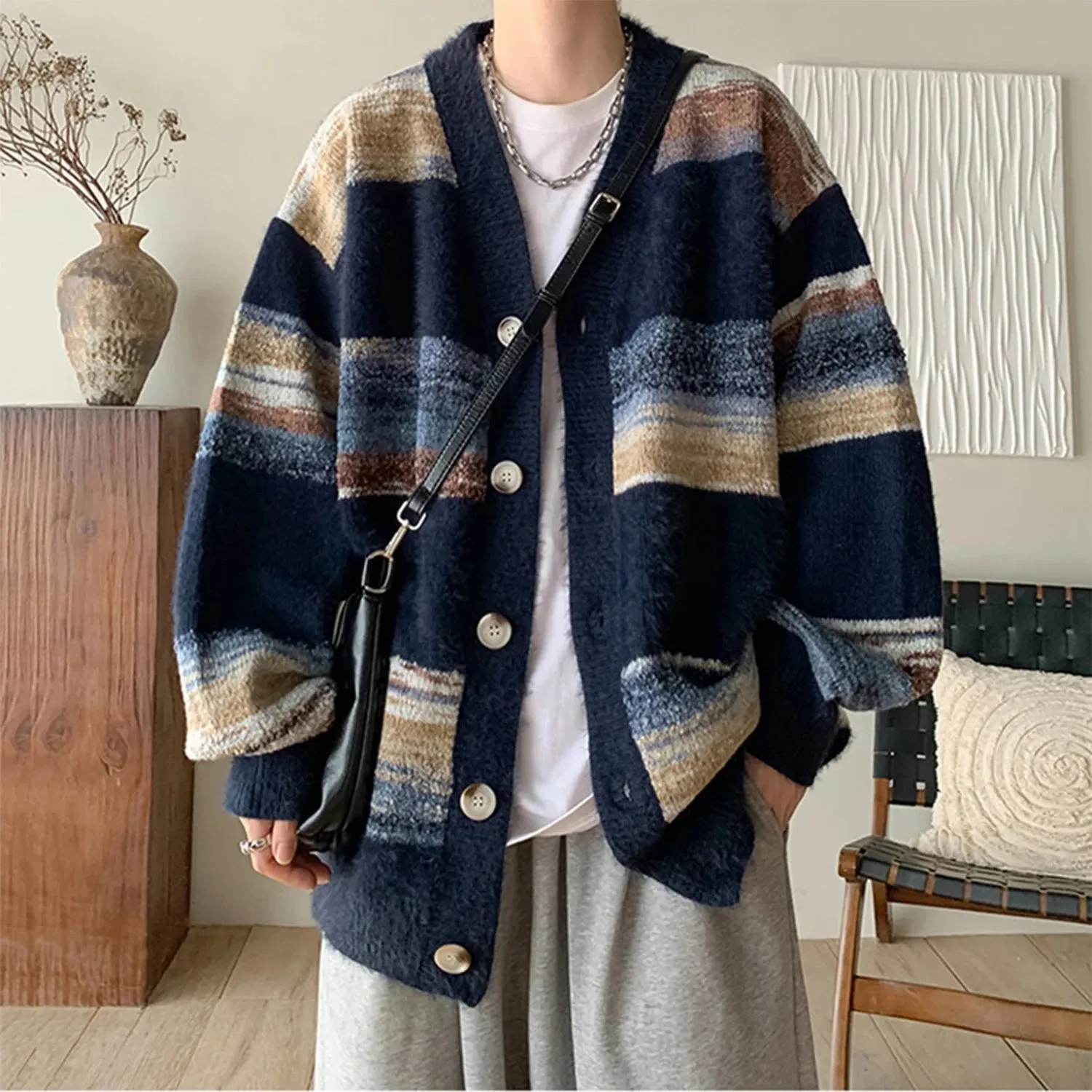 Wiaofellas  -  Men's Clothing Luxury Knit V Collar Patchwork Cardigan Sweater Coat Long Sleeve Korean Popular Leisure Oversized Knitwear M-3XL