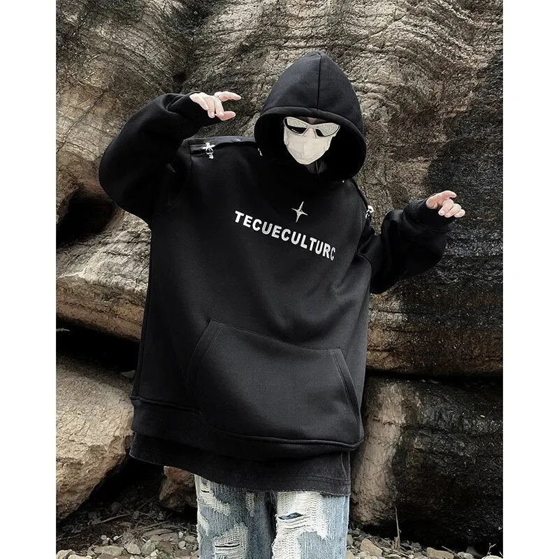 Wiaofellas Spring And Autumn Metal Plane Buckle Hooded Shoulder Pad Hoodie Loose Star Print Top Chic Sweatshirt Men Pullover Clothing