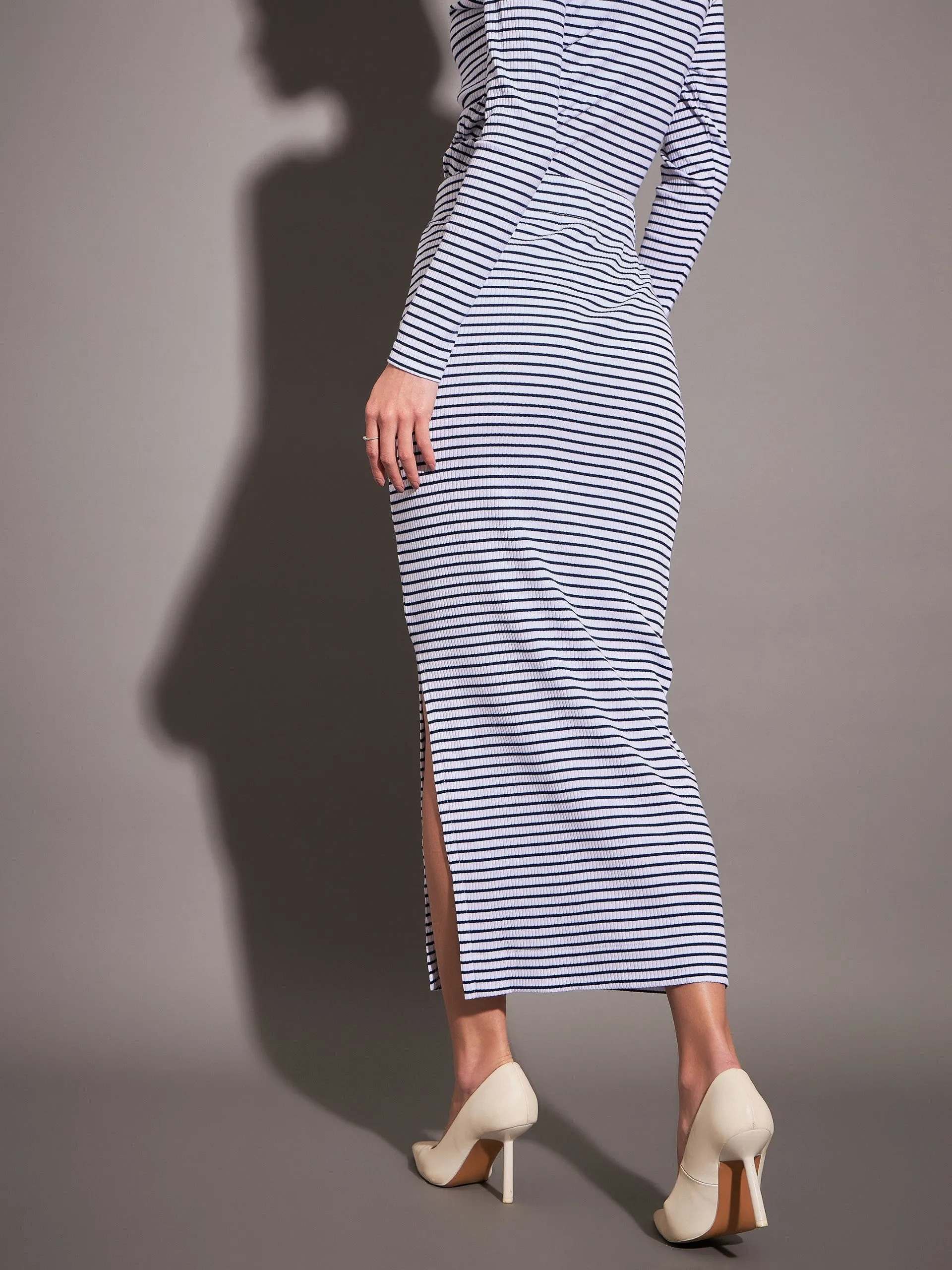 Women Navy & White Striped Rib Pencil Skirt