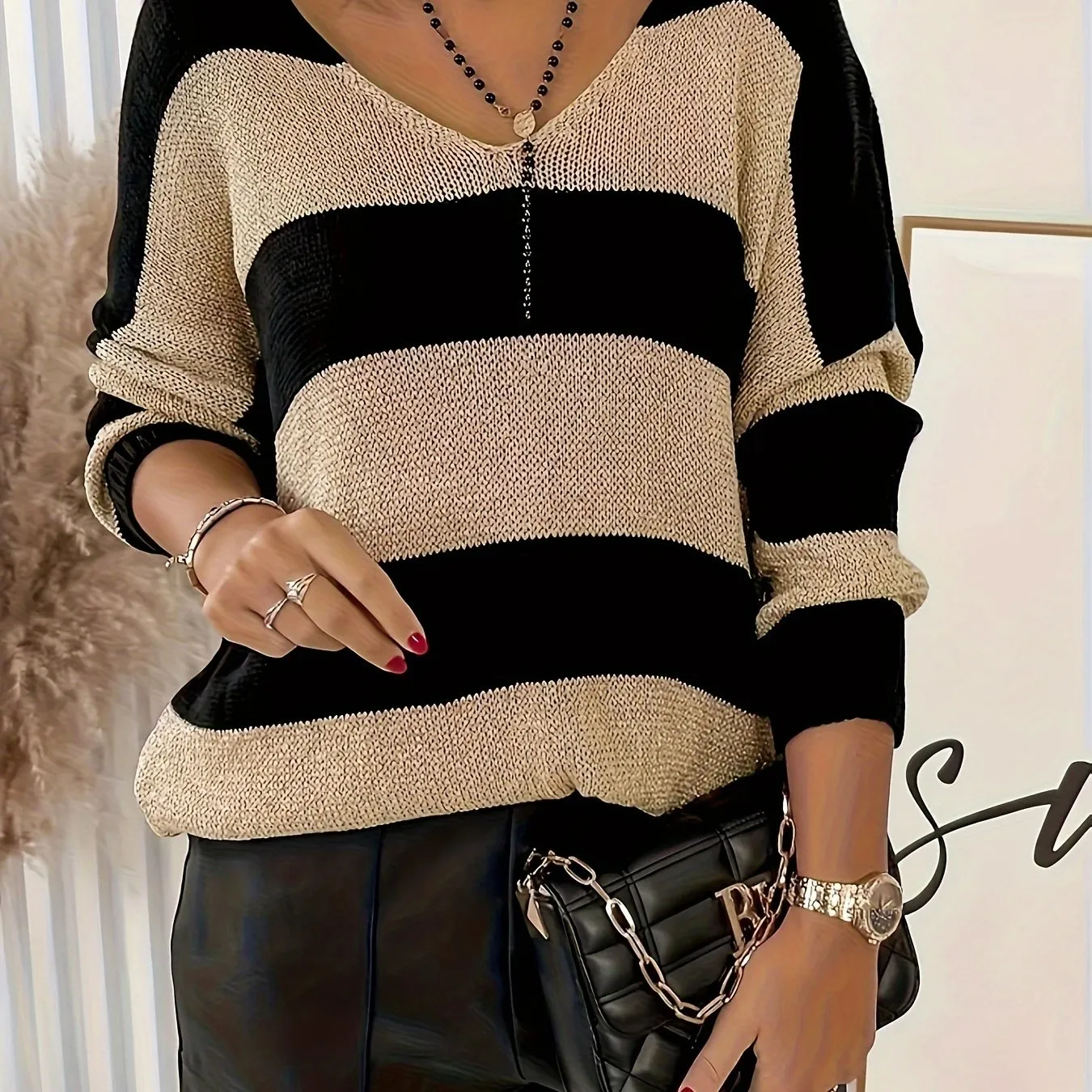 Women's Plus Striped Long Sleeve V-Neck Pullover Jumper - Effortlessly Elegant Comfort"