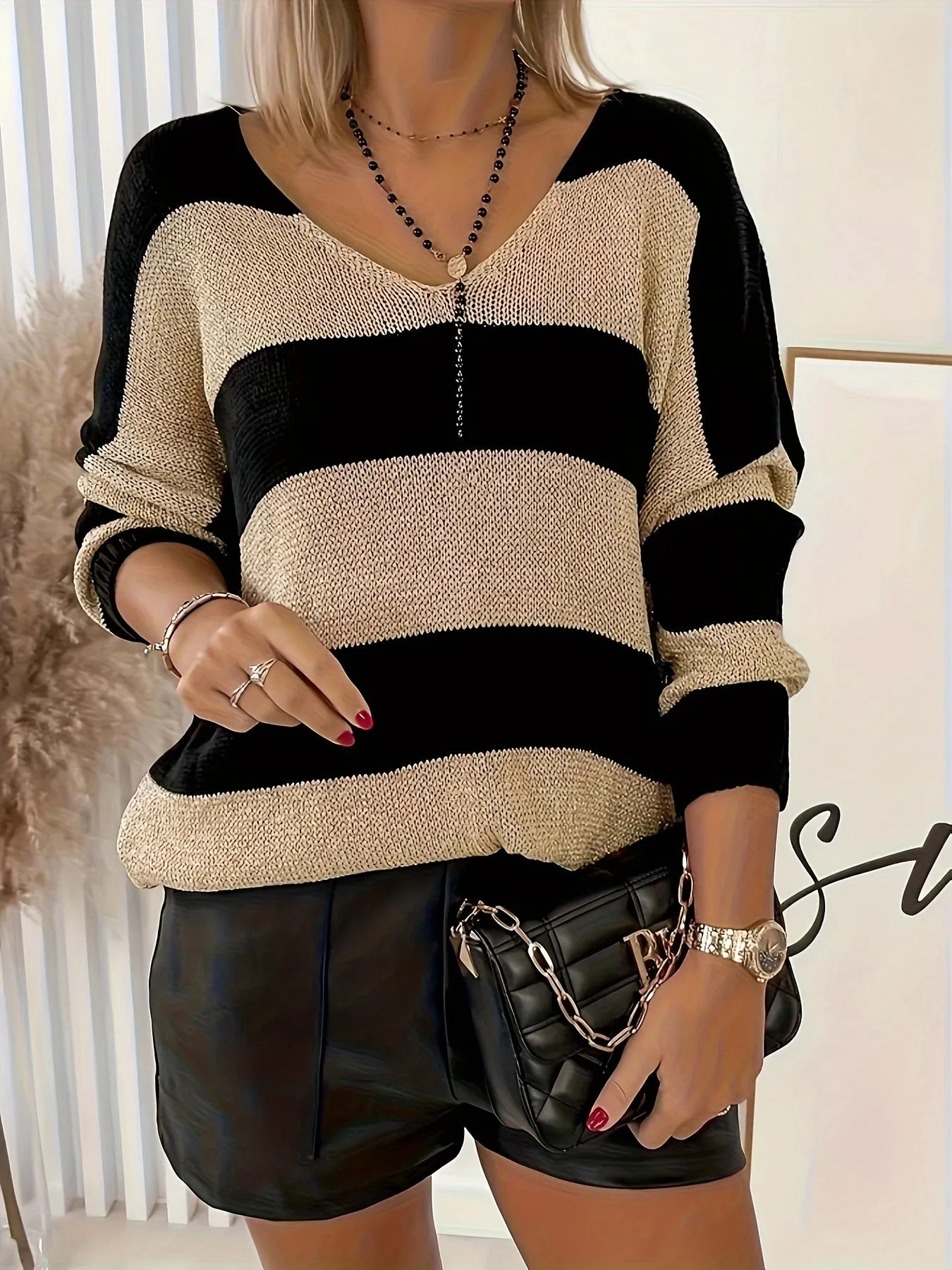 Women's Plus Striped Long Sleeve V-Neck Pullover Jumper - Effortlessly Elegant Comfort"