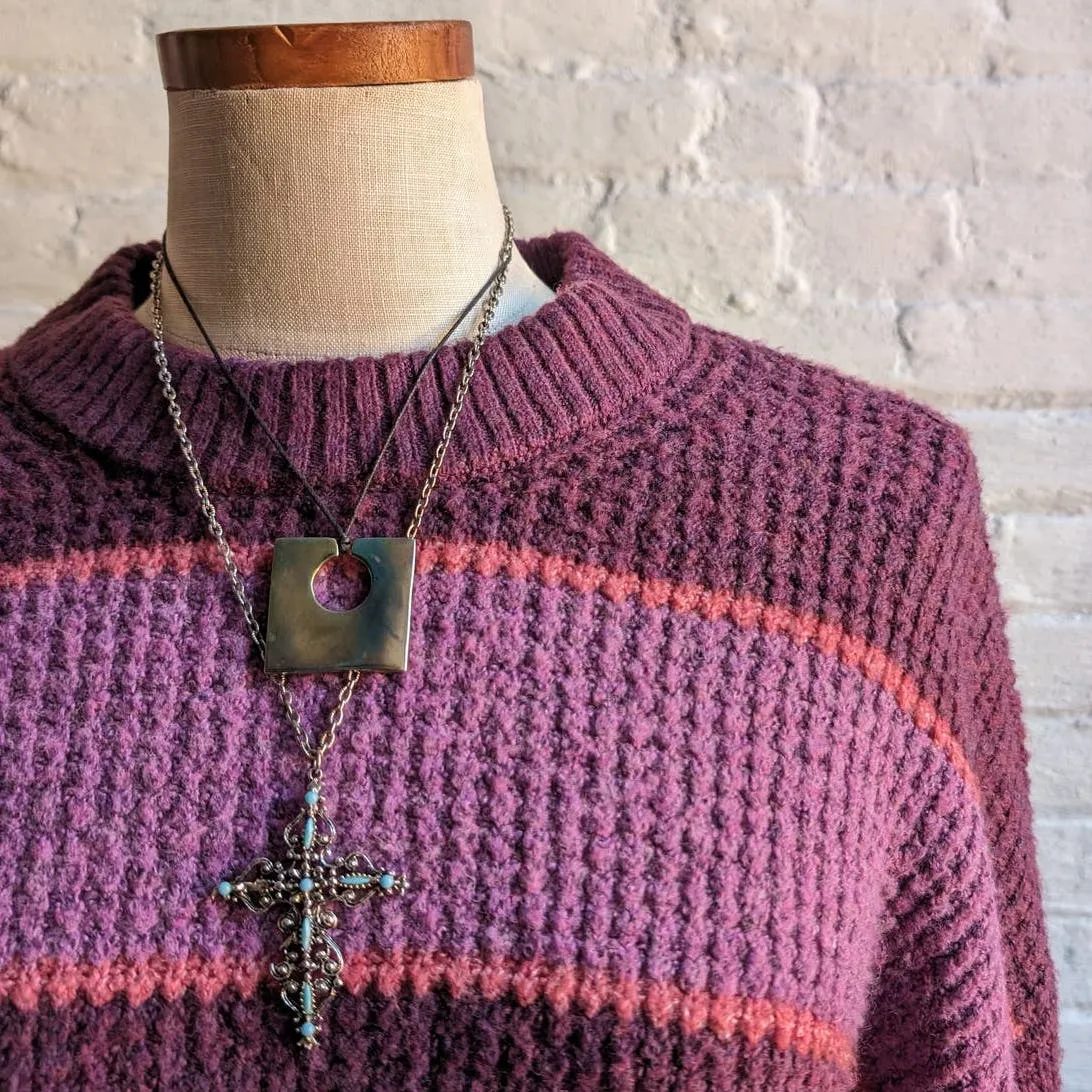 Y2K Vintage Purple Stripe Knit Grandpa Sweater Minimal Grunge Woodsy Fairy Top