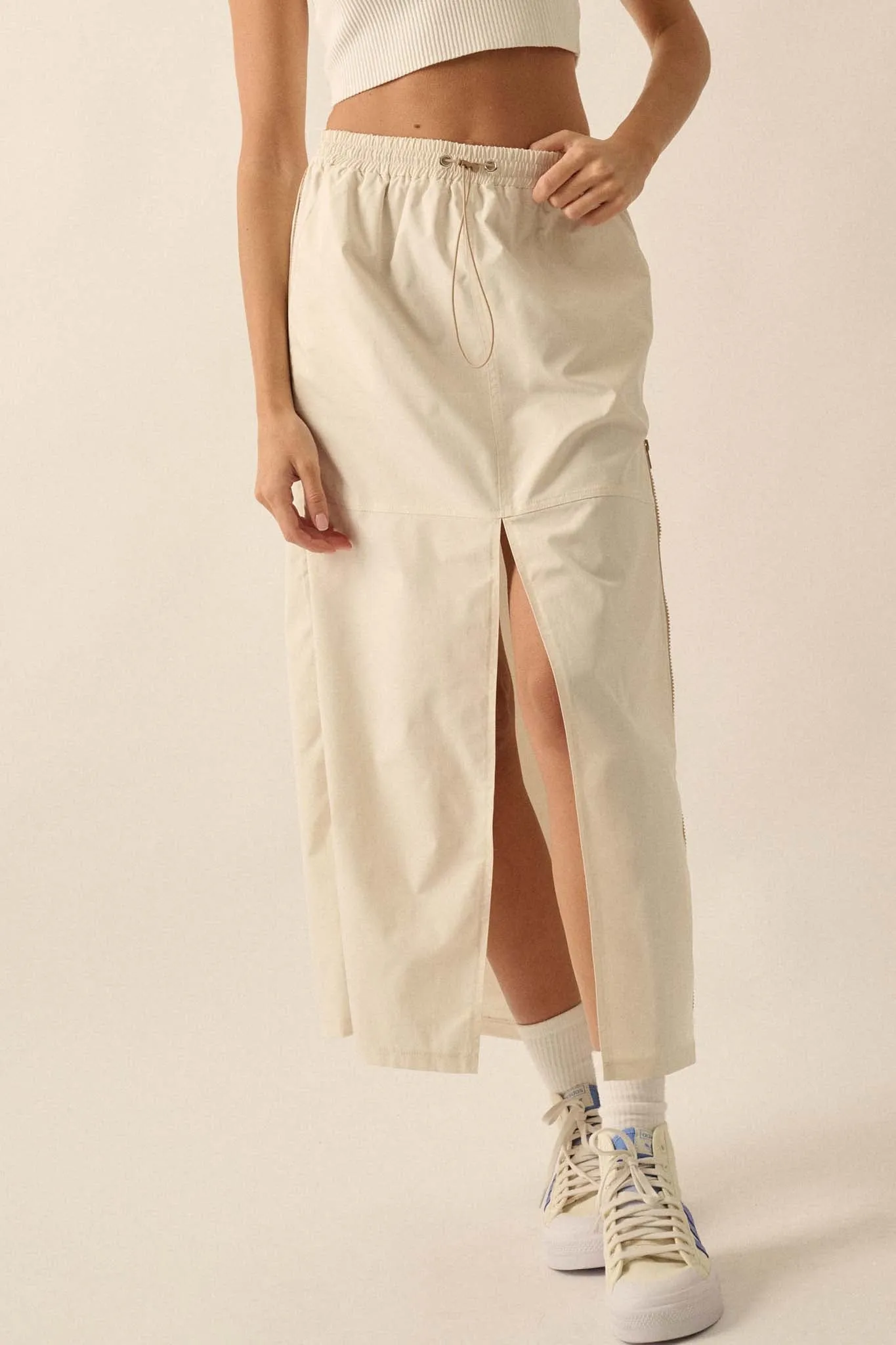 Zip Code Side-Zip Piping-Trim Drawstring Skirt